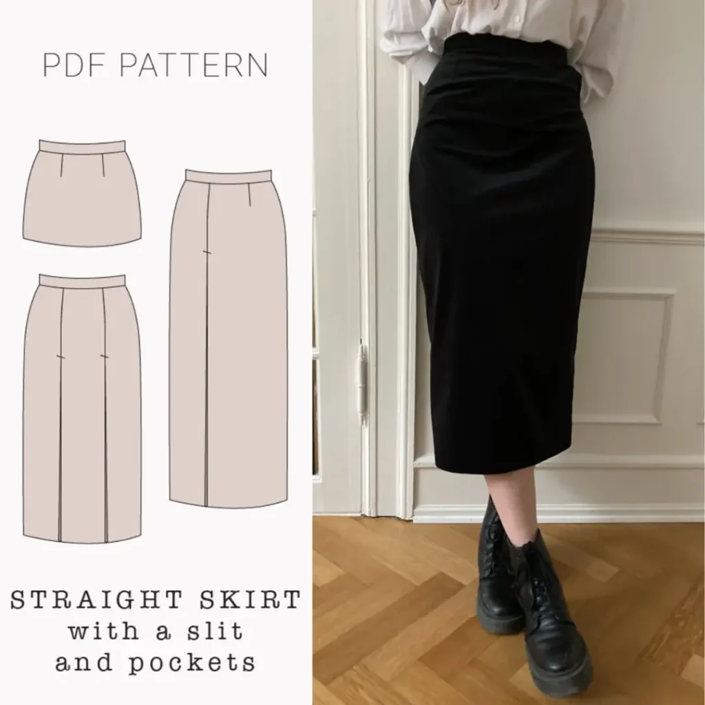 Straight skirt with slit PDF sewing pattern | Mini Midi Maxi skirt printable pdf