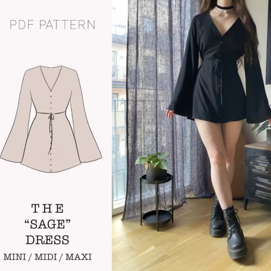 The "Sage" Dress | V-neck button up dress with flare sleeves PDF pattern | pdf printable sewing pattern